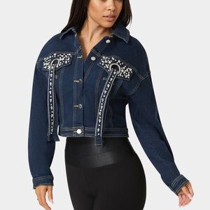 Bebe Cropped Rhinestone Embellished Denim Jacket
